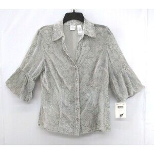 Emma James Blouse Women Size 10 Silver Velour Bell Sleeve Sheer Button Up NWT